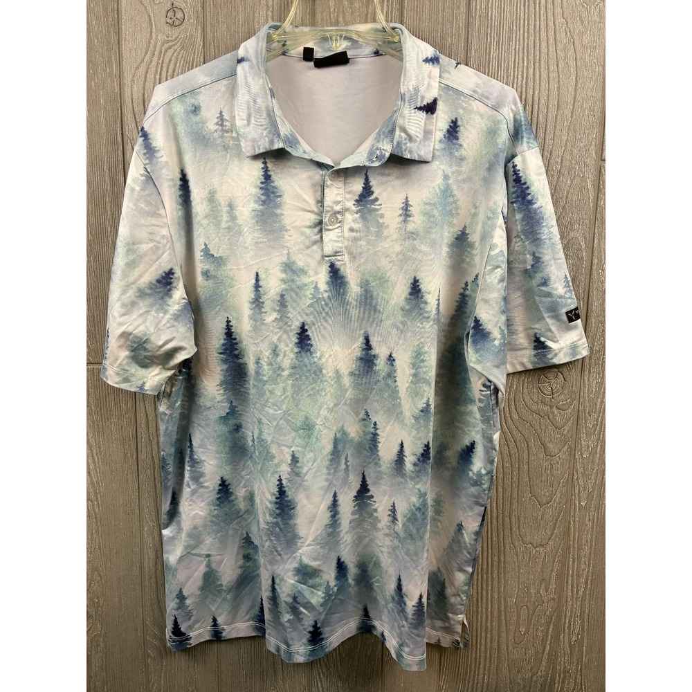 Yatta Golf Mens XL Polo Shirt Blue White Forest Trees Performance Stretch Golf